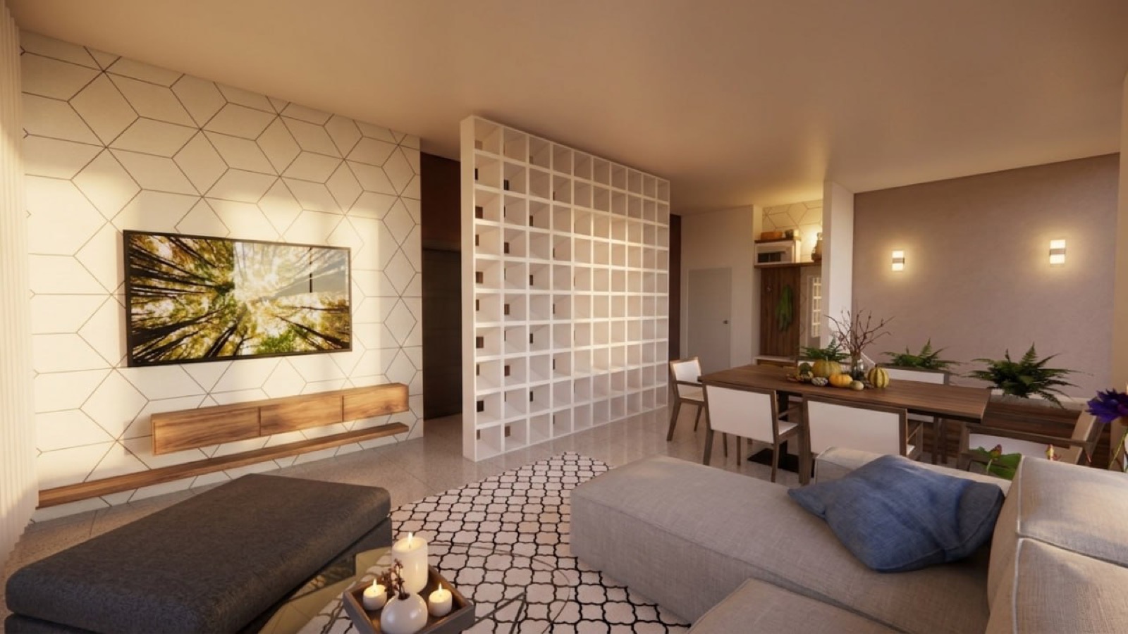 A warm modern interior with dining, lounge, and screen wall
